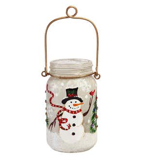 Hand Painted LED Snowman and Cardinal Mason Jar Lantern