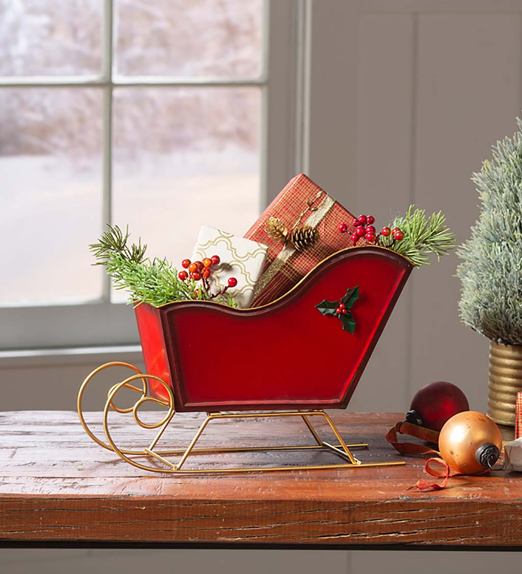 Victorian Christmas Red Metal Tabletop Sleigh