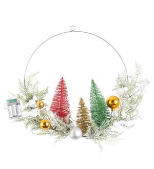 Lighted Holiday Hoop Wreath with Bottle Brush Trees