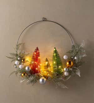 Lighted Holiday Hoop Wreath with Bottle Brush Trees