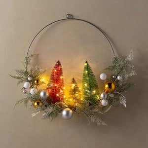 Lighted Holiday Hoop Wreath with Bottle Brush Trees