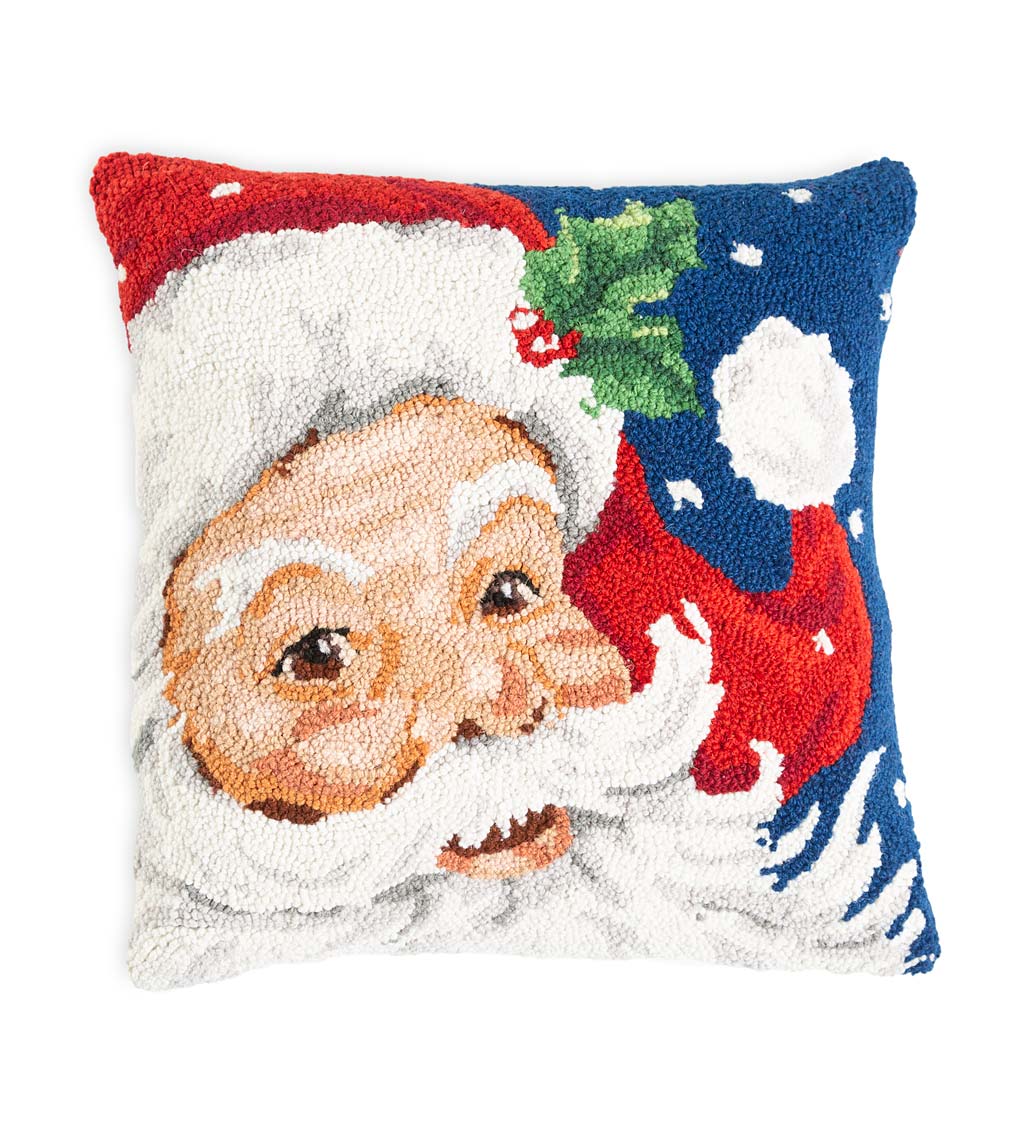 Jolly Santa Hand-Hooked Wool Throw Pillow