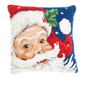 Jolly Santa Hand-Hooked Wool Throw Pillow