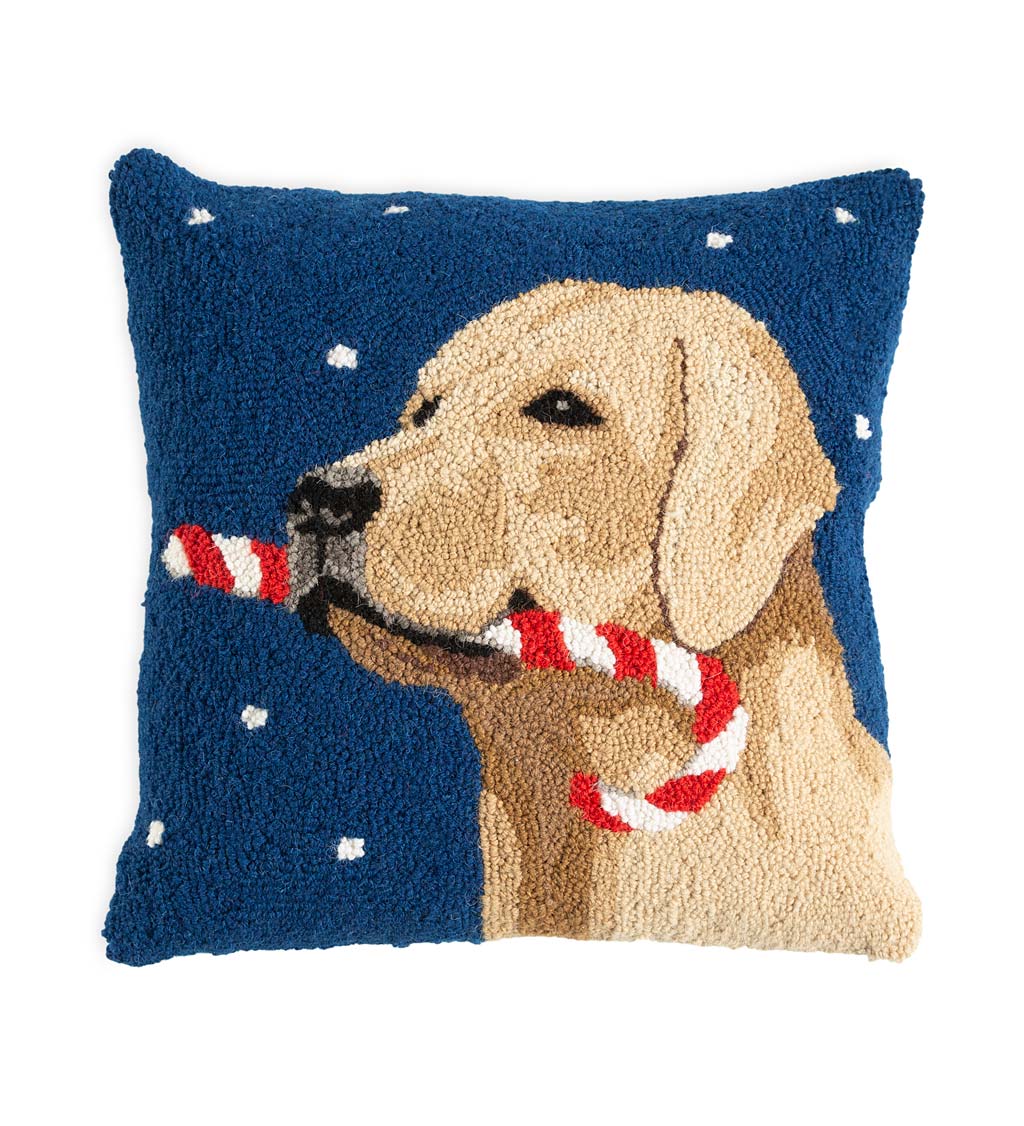 Yellow lab with hearts hooked wool pillow.