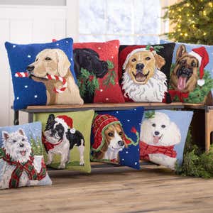 Holiday Yellow Lab with Candy Cane Hand-Hooked Wool Throw Pillow