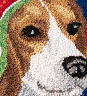 Holiday Beagle with Knit Hat Hand-Hooked Wool Throw Pillow