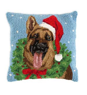 Holiday German Shepherd with Wreath Hand-Hooked Wool Throw Pillow