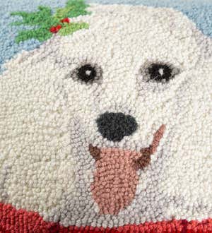 Holiday Poodle with Knit Scarf Hand-Hooked Wool Throw Pillow