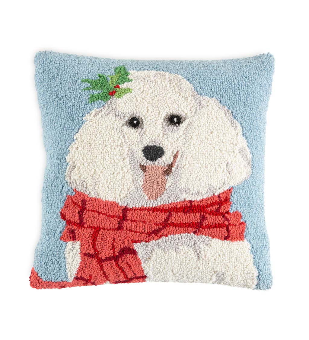 Holiday Poodle with Knit Scarf Hand-Hooked Wool Throw Pillow