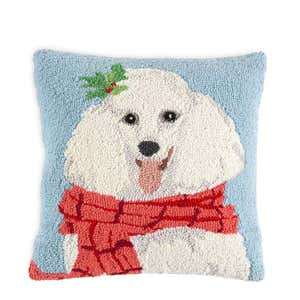 Holiday Poodle with Knit Scarf Hand-Hooked Wool Throw Pillow