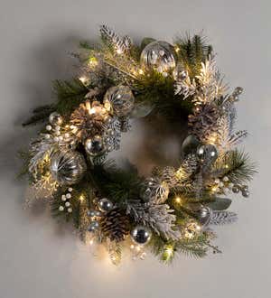 Lighted Silver Evergreen Holiday Wreath