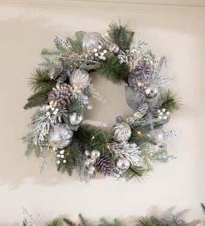 Lighted Silver Evergreen Holiday Wreath