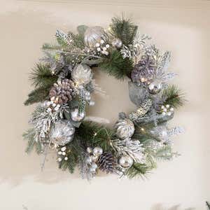 Lighted Silver Evergreen Holiday Wreath