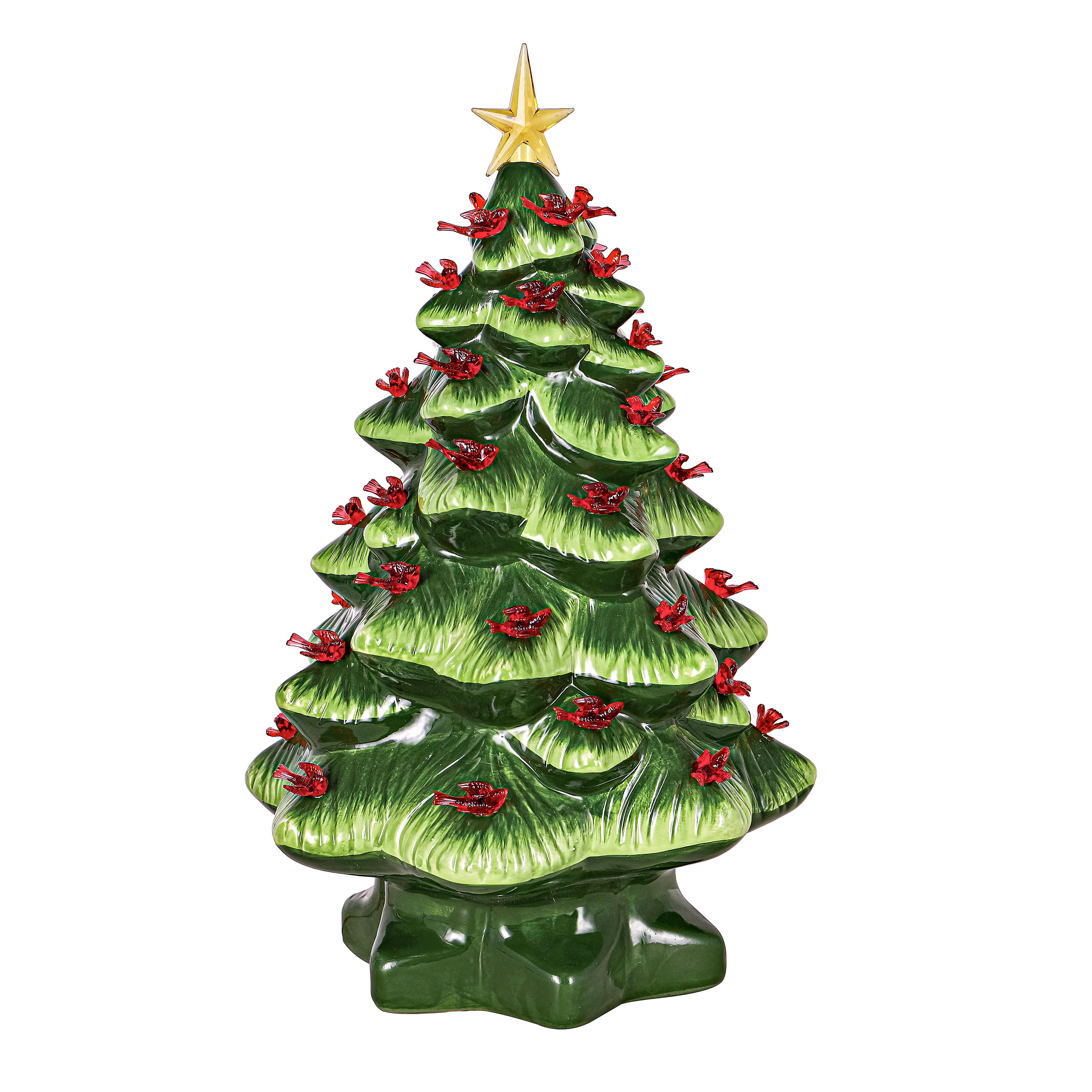 Ceramic Christmas Tree with Cardinal Lights - Green