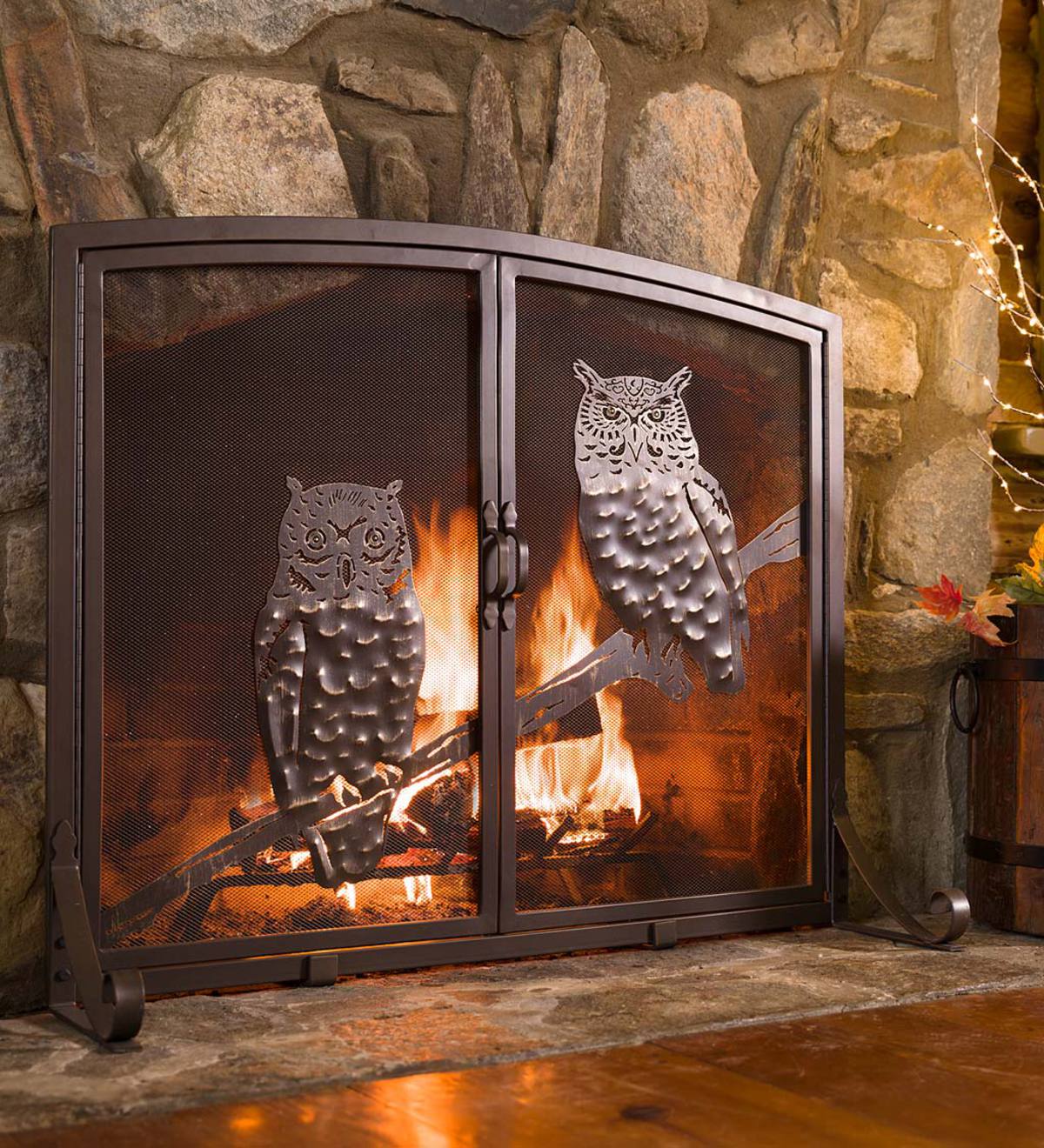 Large Owls Fireplace Screen with Two Doors