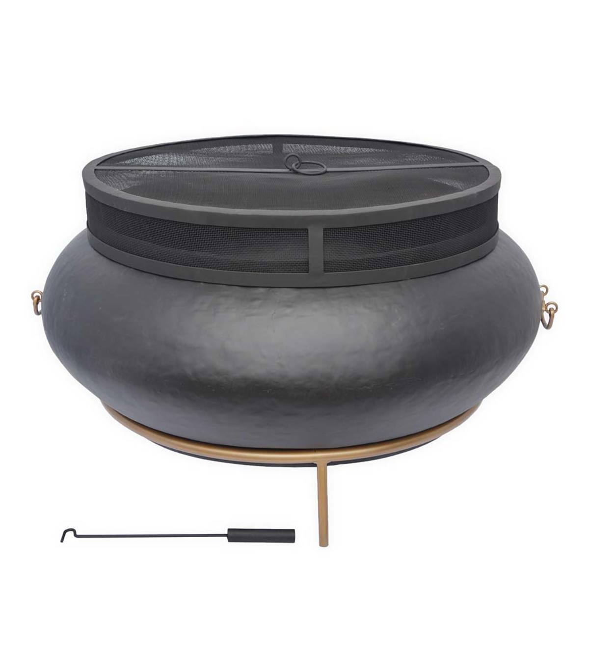 Cast Iron Fire Pit with Fitted Mesh Spark Guard and Stand