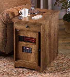 Four-In-One Side Table with Space Heater, Charger, Magazine Rack and Pull-Out Tray