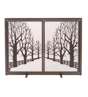 Large Country Road Tree Line Fireplace Screen with Doors