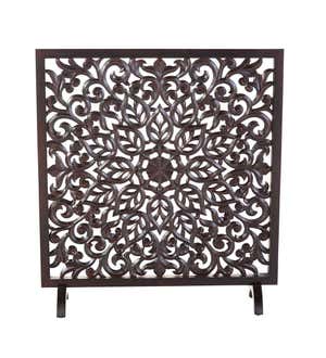 Decorative Wooden Floral Fireplace Screen - Brown