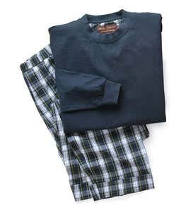 Unisex Cotton Pajama Set With Plaid Poplin Pants And Long-Sleeve Jersey Knit Top
