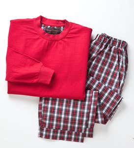 Unisex Cotton Pajama Set With Plaid Poplin Pants And Long-Sleeve Jersey Knit Top