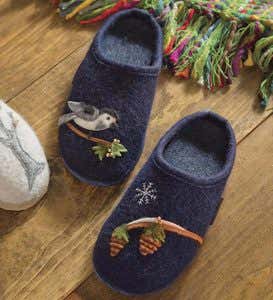 Women's Boiled Wool Slippers With Woodland Motif