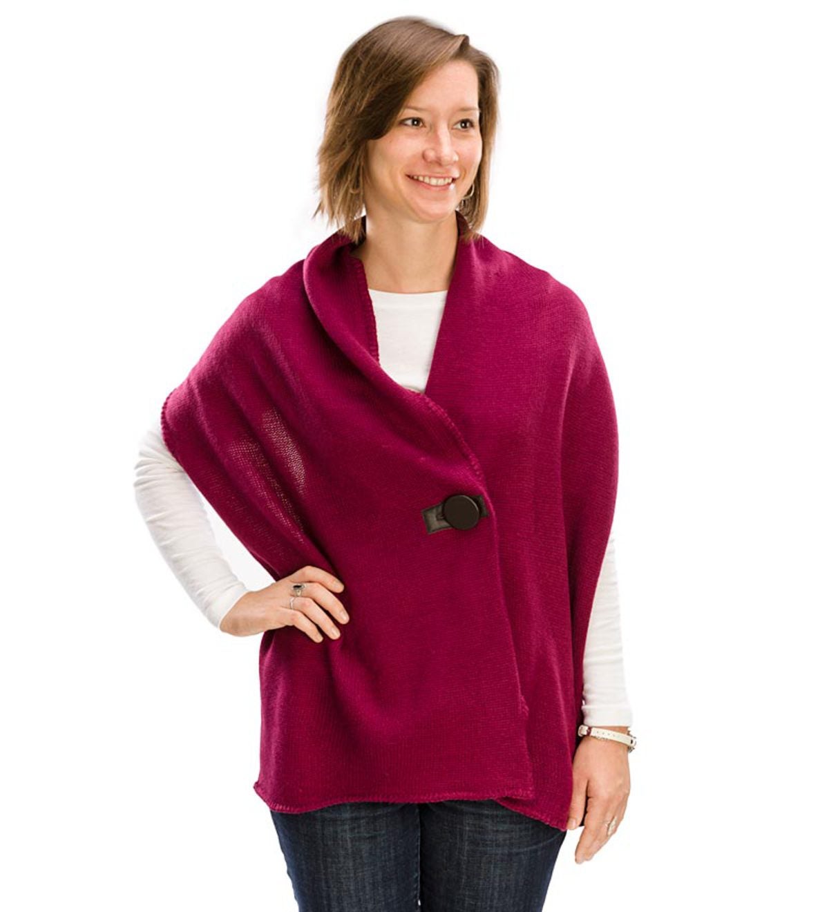 Tweed Knit Yarn Shelburne Wrap with Button Detail