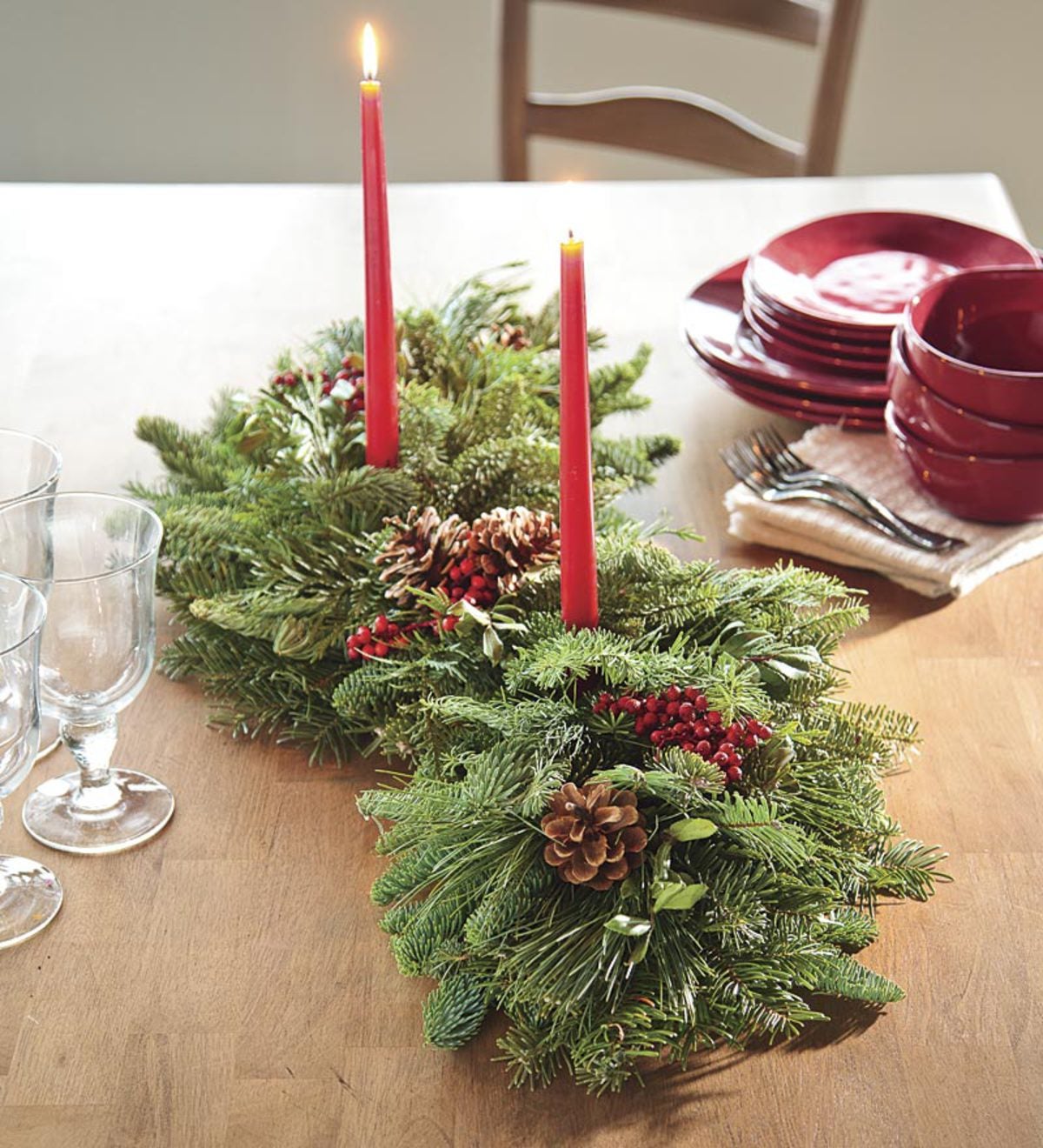 Holiday Woodland Evergreens Centerpiece With Two Candles
