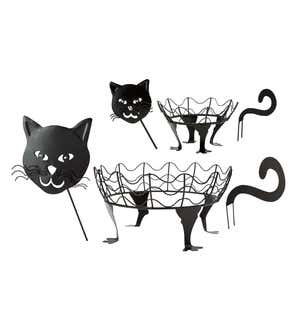 Halloween Cat Pumpkin Holders with Green LED Eyes, Set of 2