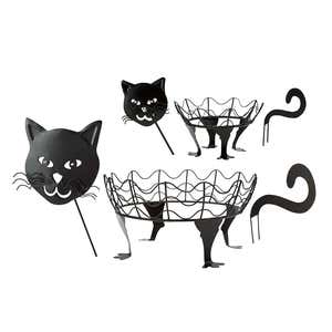 Halloween Cat Pumpkin Holders with Green LED Eyes, Set of 2 - Cat