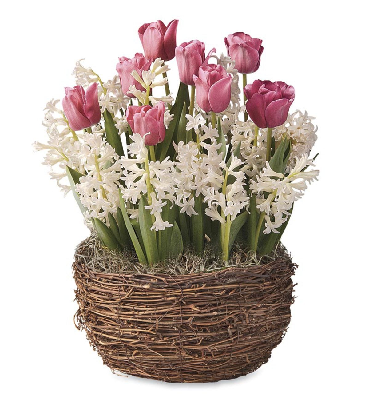 Pink Tulips And White Hyacinths In Vine Basket