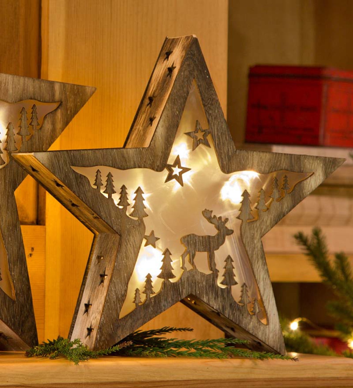 Small Lighted Wooden Star With Laser-Cut Moose Design