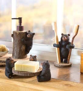 Resin Bear Bathroom Set: Toothbrush Holder, Soap Dispenser and Soap Dish