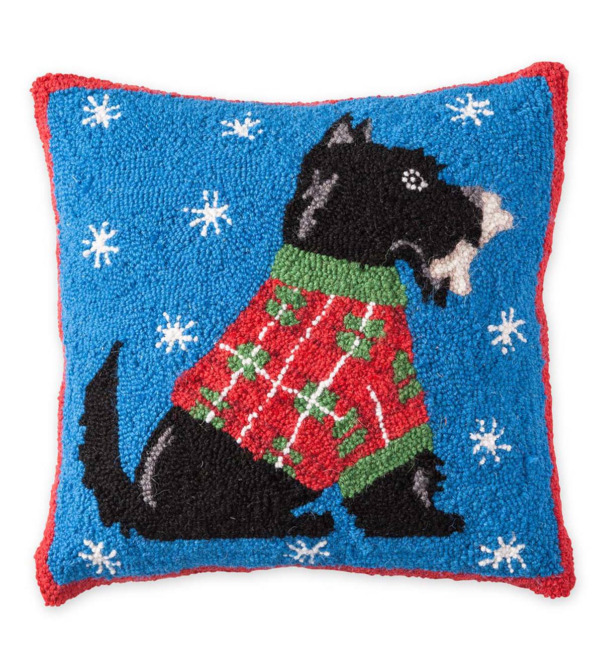 Hooked Wool Holiday Scottish Terrier Throw Pillow