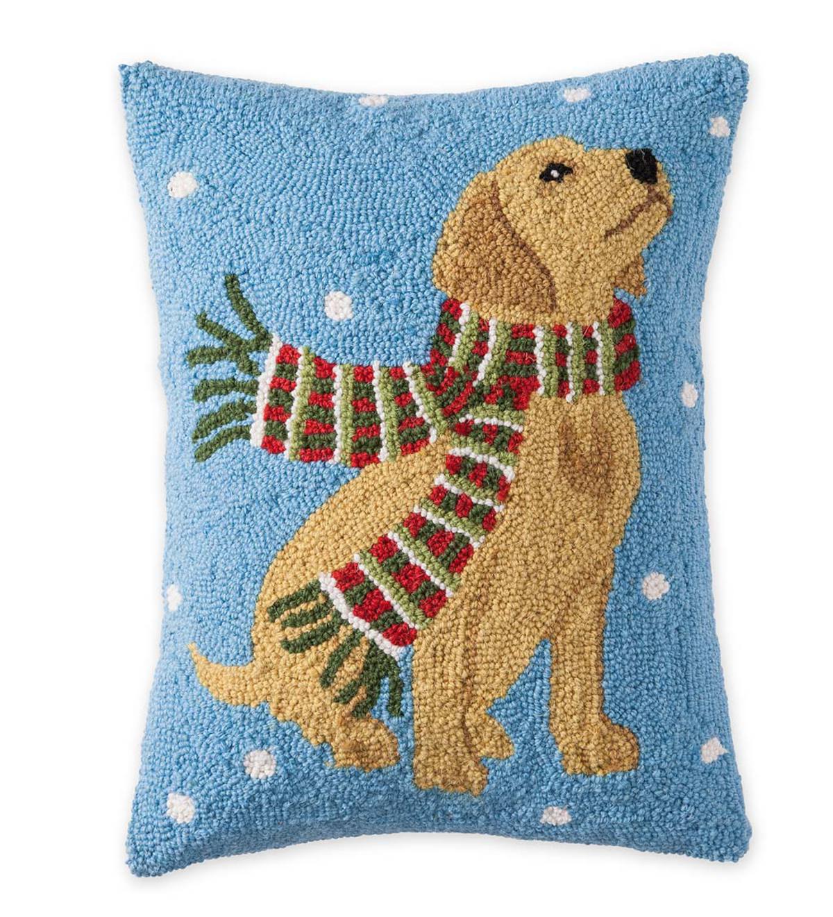 Hooked Wool Holiday Throw Pillow with Yellow Lab and Snowflakes