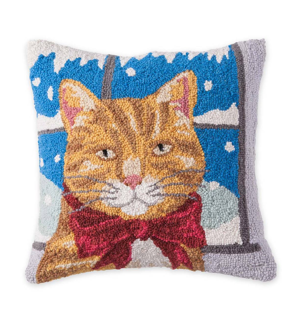 Hooked Wool Holiday Throw Pillow with Tabby Cat