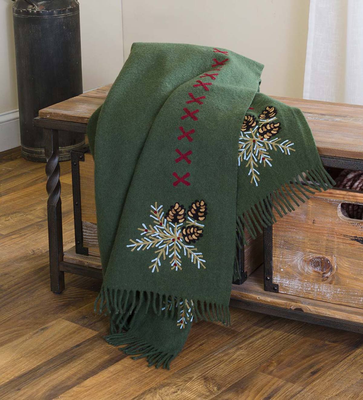 Oversized Embroidered Wool Blend Pine Cone Throw