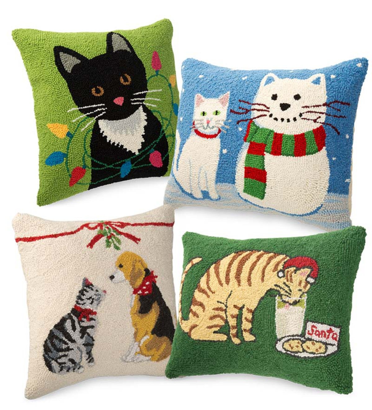 Hand-Hooked Wool Holiday Cat Accent Pillow