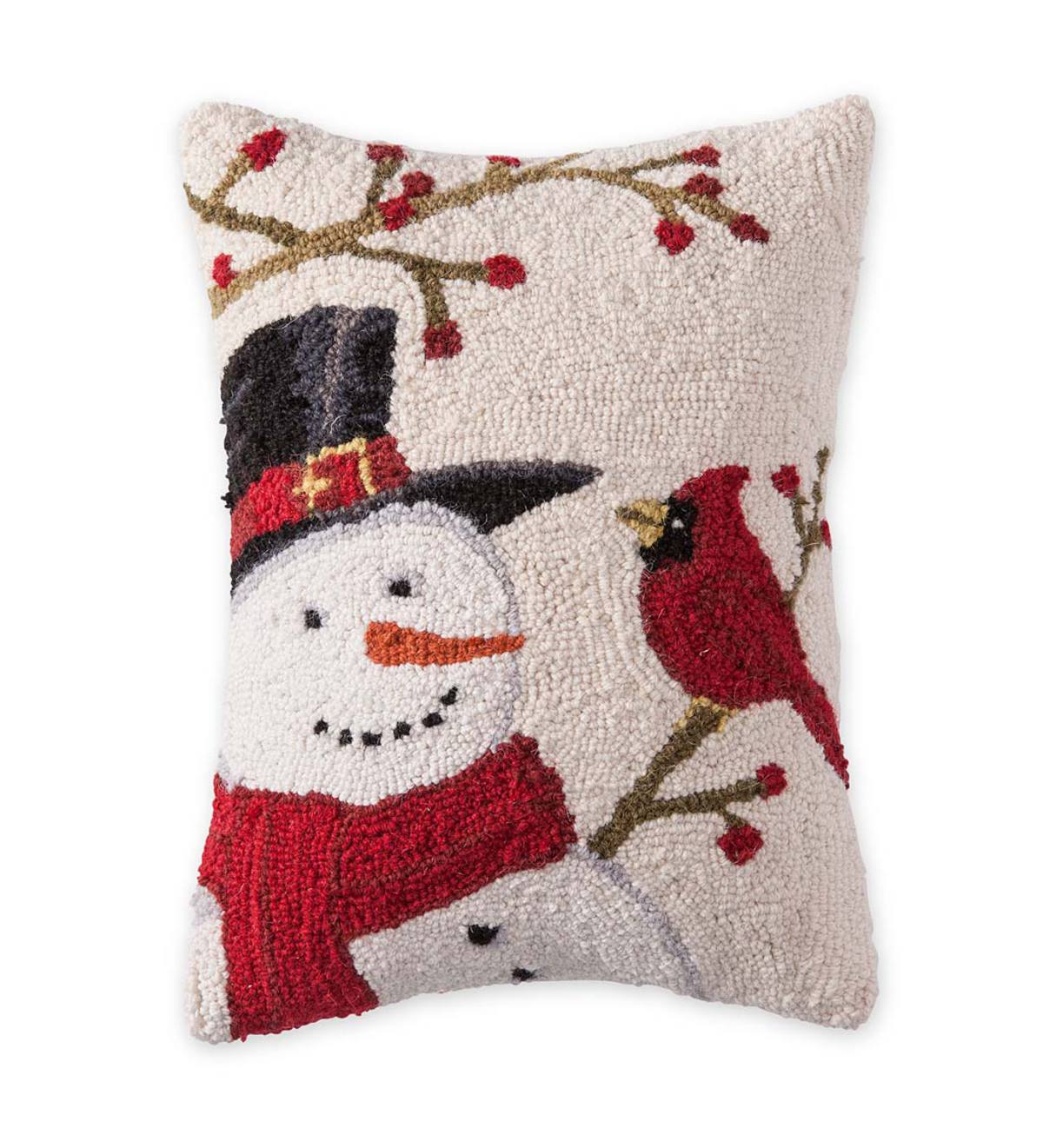 Snowman and Cardinal Hooked Wool Pillow