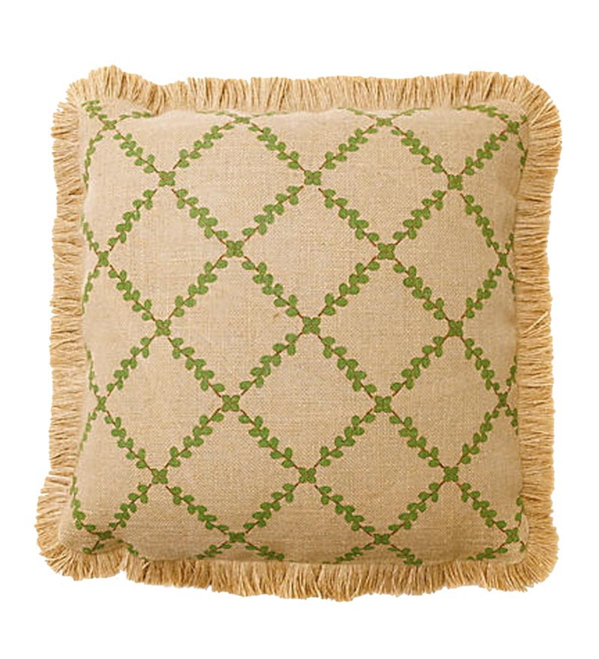 Washed Burlap Trellis Accent Pillow With Fringe