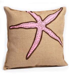 Washed Burlap Accent Pillow With Cotton Starfish Appliqué