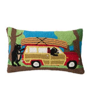 Hand-Hooked Wool Canoeing Bears Throw Pillow