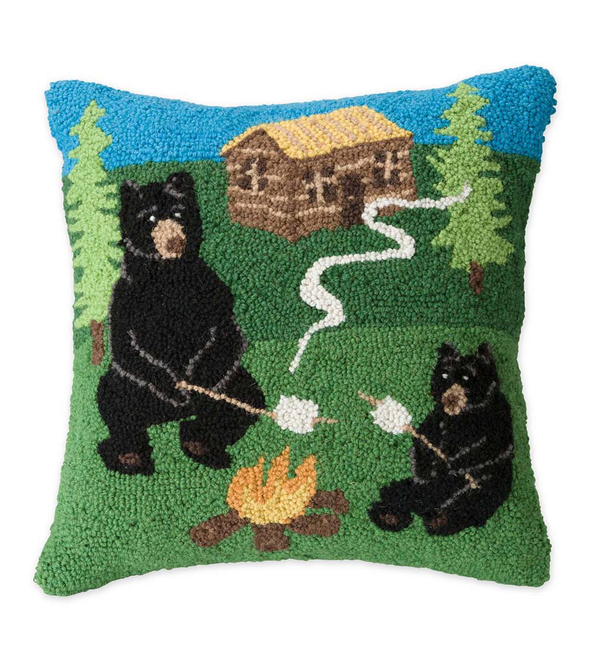 Hand-Hooked Wool Camping Bears Throw Pillow