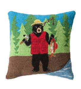 Hand-Hooked Wool Fishing Bear Throw Pillow