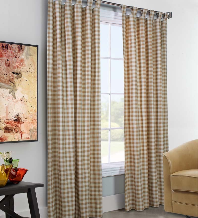 Thermalogic Check Tab-Top Double-Wide Curtain Pair, 84"L x 160"W - Natural