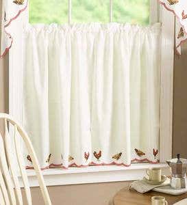 Rooster Embroidered Cafe Curtains, Tier Pair 56"W x 36"L