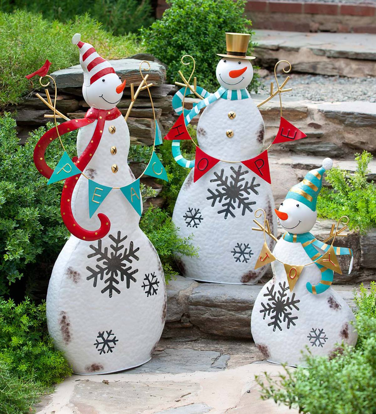 Peace, Hope and Joy Lighted Metal Snowmen, Set of 3