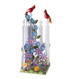 Metal Picket Fence with Flowers and Cardinals Sculpture