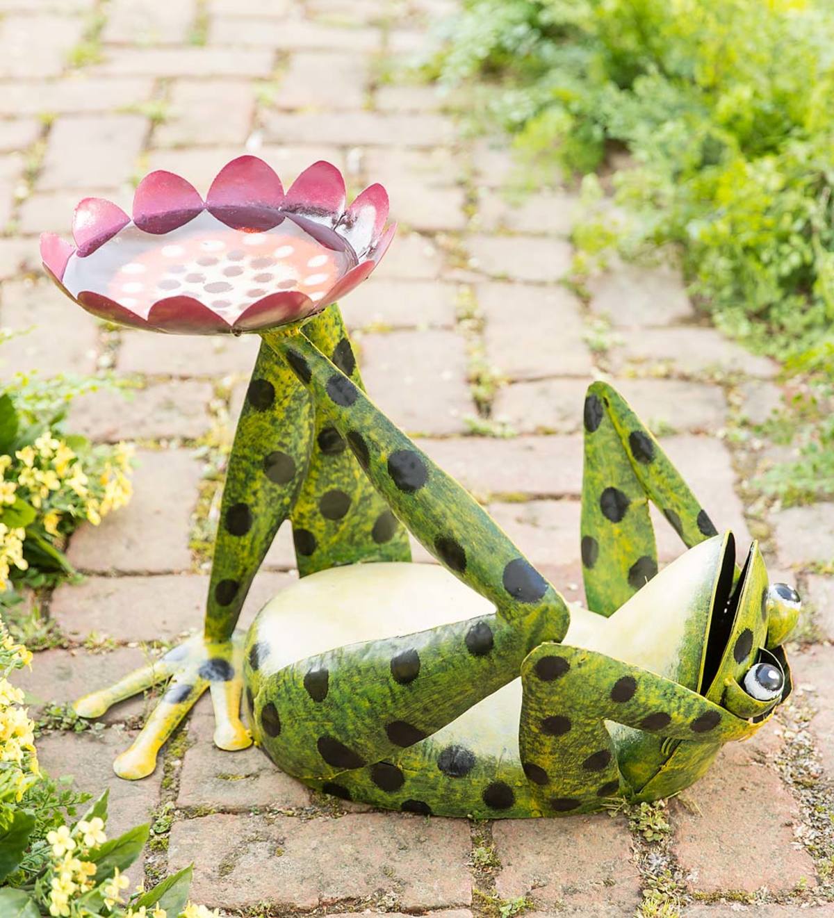 Handcrafted Frog and Flower Metal Birdbath