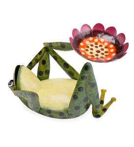 Handcrafted Frog and Flower Metal Birdbath